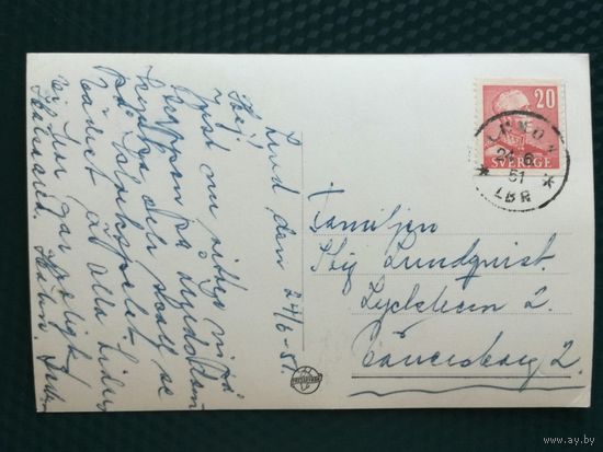 Почтовая карточка с маркой прошедшая почту Швеция, марка 1939-1948 - Король Густав V