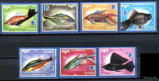 Камбоджа (Кампучия) - 1988г. - Рыбки - полная серия, MNH, 1 марка с отпечатком на клее, 2 с незначительным вмятинами, 1 R с небольшим сгибом [Mi 954-960] - 7 марок