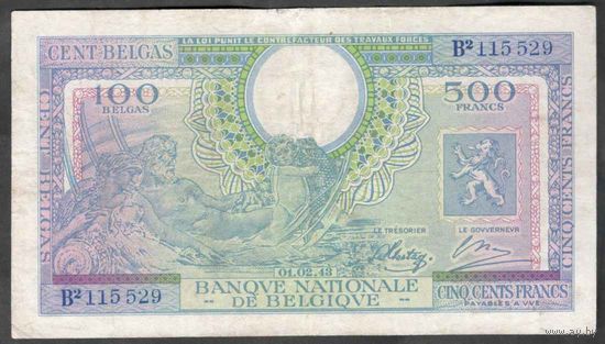 Бельгия 100 бельгас=500 франков 1943 г. Редкая.