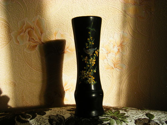 Японская старинная,деревянная,чёрно лаковая ваза. Ручная гравировка. Начало 20 века.