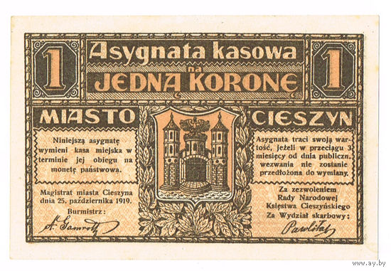 1 крона 1919 Польша Цешин CIESZYN окупация желтая состояние UNC
