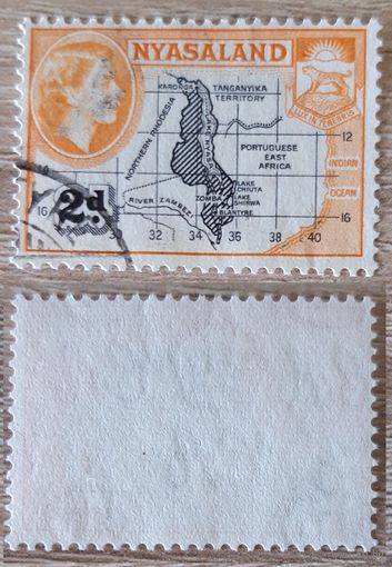 Ньясаленд 1954 Елизавета II и карта Ньясаленда. Mi-GB-NY 102C. Перф 12 х 12 1/2