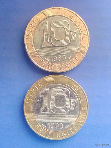 Франция 10 франков 1989, 1990 гг. Би- металл. В лоте 2 монеты.
