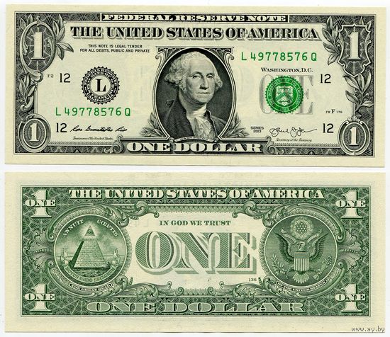 США. 1 доллар (образца 2013 года, L, Калифорния, P537, UNC)