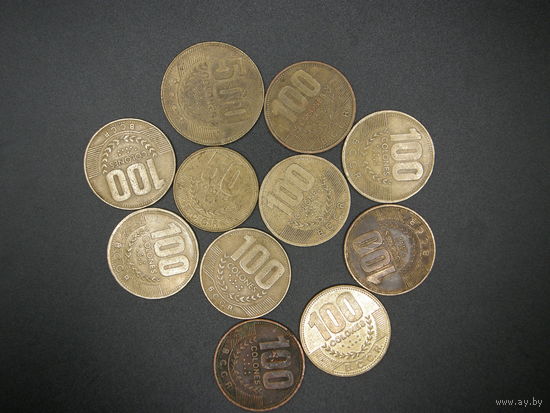 Республика Коста-Рика. 11 монет. 500,100,50 колонов. С РУБЛЯ! БЕЗ МЦ!