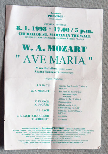 Музыкальная афиша W.A.Mozart "Ave Maria" Kostel Sv.Martina Прага Чехия 1998 год