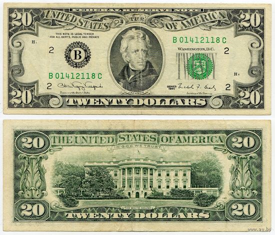 США. 20 долларов (образца 1990 года, B, Нью-Йорк, P487)