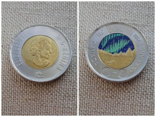 Канада 2 доллара 2017 / 150 лет Конфедерации Канада - Полярное сияние, Цветное покрытие. Королева Елизавета II  / Би-металл