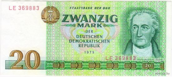 ГДР. Германия, 20 марок 1975 год. серия LE 369883 UNC.