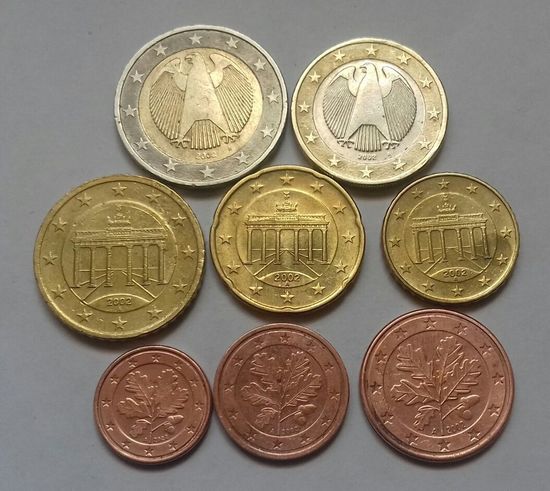 Полный ГОДОВОЙ набор евро монет Германия 2002 A (1, 2, 5, 10, 20, 50 евроцентов, 1, 2 евро)