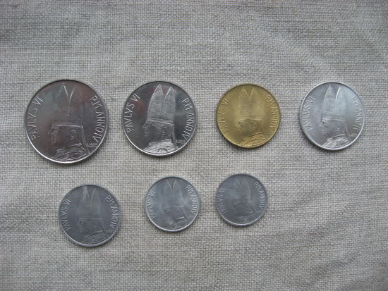 Ватикан лот из 7-ти монет номиналом от 100 до 1 лиры 1966 год - MCMLXVI Папа Павел VI