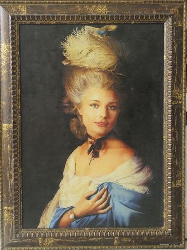 Портрет  женщины в шляпе с перьями. Репродукция.  Цветная печать.