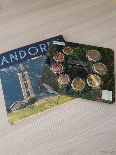 Андорра 2016 год. 1, 2, 5, 10, 20, 50 евроцентов, 1, 2 евро. Официальный набор монет в буклете.