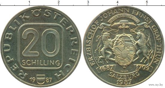 Австрия 20 шиллингов, 1987 300 лет со дня рождения Зальцбургского Архиепископа графа Туна UNC