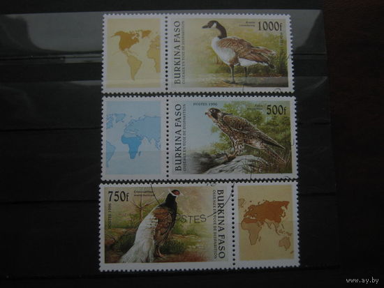 Марки - Буркина Фасо 1996 Фауна Птицы Пеликан 3 Марки Сцепки