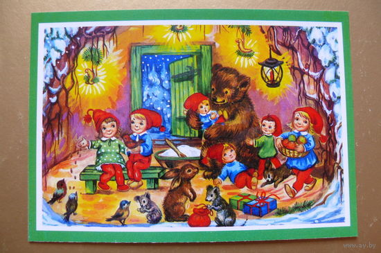 Современная открытка, Новый год, чистая; дети, мишка.