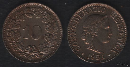Швейцария km27 10 раппен 1951 год (B) (f