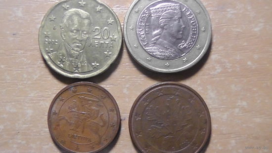 4 монеты еврозоны:разные номиналы и страны