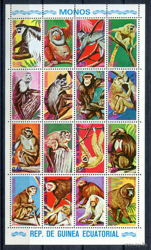 Экваториальная Гвинея - 1975г. - Обезьяны - полная серия, MNH [Mi 720-735] - 1 малый лист