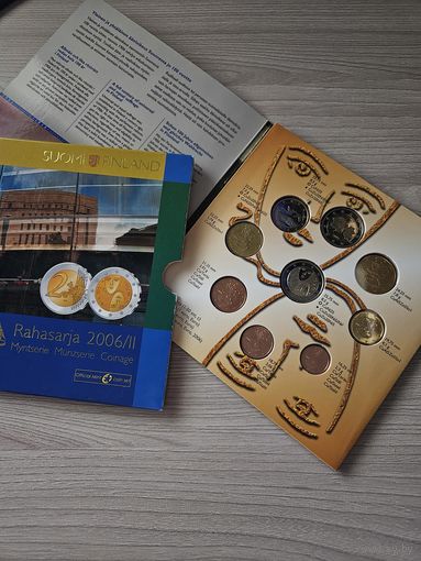 Финляндия 2006 год. 1, 2, 5, 10, 20, 50 евроцентов, 1, 2 евро и 2 евро юбилейные. Официальный набор монет в буклете.