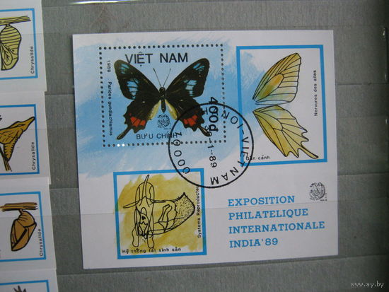 Марки - фауна, Вьетнам, бабочки, блок и 7 марок. БЗ с купонами 1989