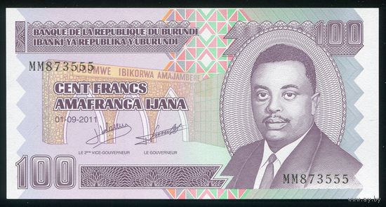 Бурунди 100 франков 2011 г. P 44b. Серия MM. UNC