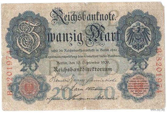 Германия 1909 г. 20 марок. Редкий год.