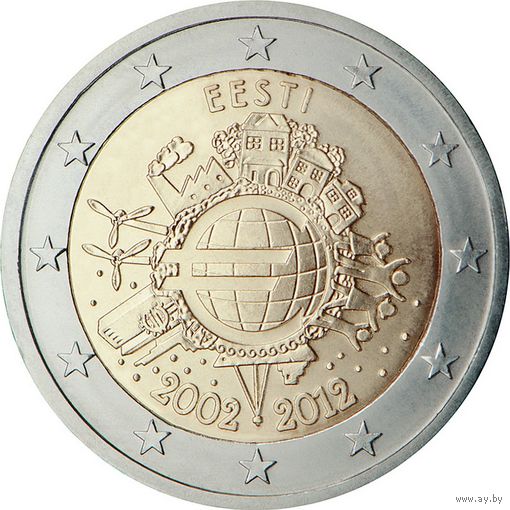 2 евро 2012 Эстония 10 лет наличному обращению евро UNC из ролла