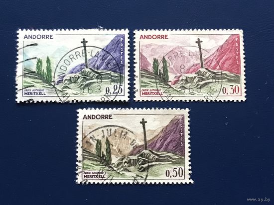 Андорра 1961 год Стандарт Пейзажи Крест Памятник Серия 3 марки Mi:FR158,FR159,FR161 Гашеные