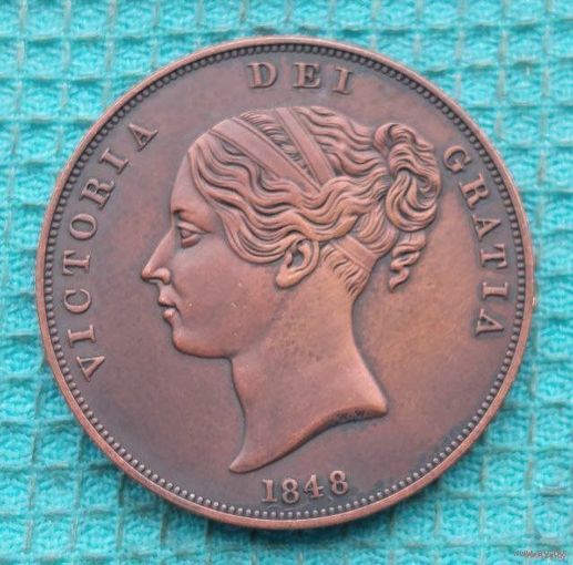 Великобритании 1 пенни 1848 года. Королева Виктория. Британия.