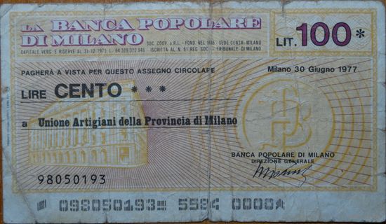 Италия - 100 Лир 1977 Милан (банк. чек)