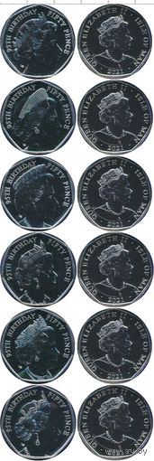 Остров Мэн 50 пенсов, 2021 95 лет со дня рождения Королевы Елизаветы II набор 6 монет UNC