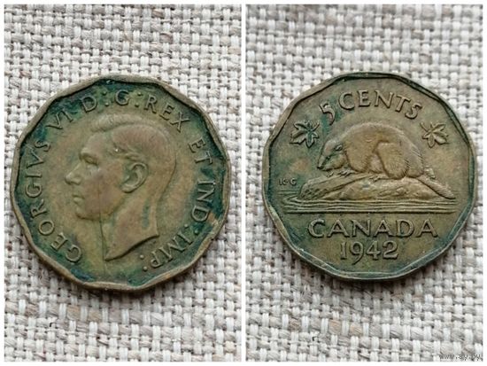 Канада 5 центов 1942/ животные / бобр /жёлтая томпак//FA