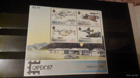 Транспорт, авиация, самолеты, воздушный флот, архитектура, пейзажи, марки, Новая Зеландия, 1987, блок