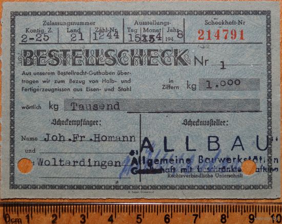 Заказной чек 1000 кг железо и сталь, 4.5.1948 Германия - "железная марка"