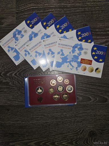 Германия 2009 год 5 наборов разных монетных дворов A D F G J. 1, 2, 5, 10, 20, 50 евроцентов, 1 евро и 2х2 юбилейных евро. Официальный набор PROOF монет в упаковке.