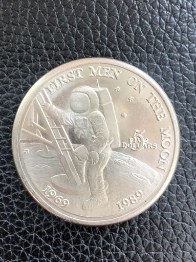 Марашалловы острова 5 долларов 1989 год 20 лет первому человеку на луне