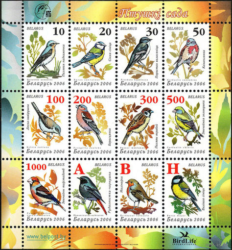 Девятый стандартный выпуск "Птицы сада" Беларусь 2006 год (648-659) 1 малый лист