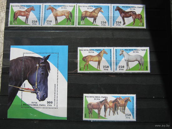 Марки - Республика Тыва, 1995, блок и 7 марок. фауна лошади