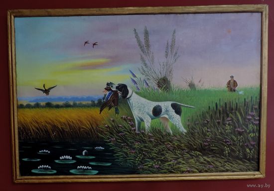 Картина маслом "Охота" 50-60-е годы. Размер 65-100 см.