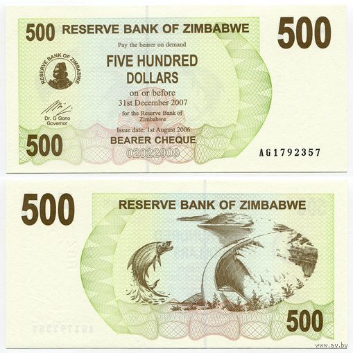 Зимбабве. 500 долларов (образца 2006 года, P43, UNC)