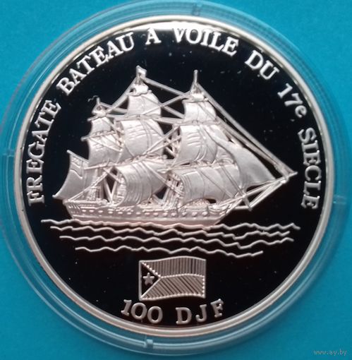 Джибути 100 франков 1994 Парусный фрегат XVII века Серебро.