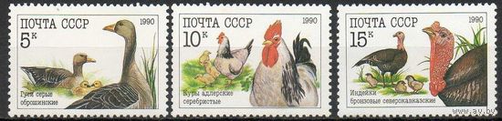 Домашние птицы СССР 1990 год (6223-6225) серия из 3-х марок