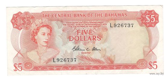 Багамские острова 5 долларов 1974 года. Тип Р 37b. Состояние XF