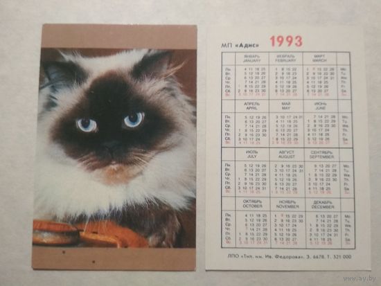 Карманный календарик. Котик.1993 год