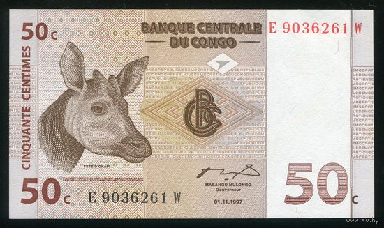 Конго 50 Сантимов 1997. P84 г. Серия W. UNC