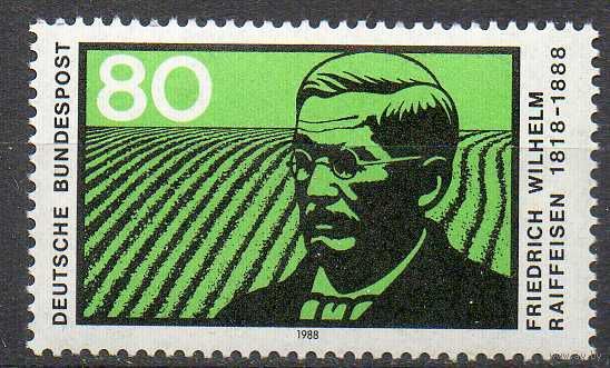 100 лет со дня смерти пионера кооперативного движения Фридриха Вильгельма Райффайзена ФРГ 1988 год чистая серия из 1 марки