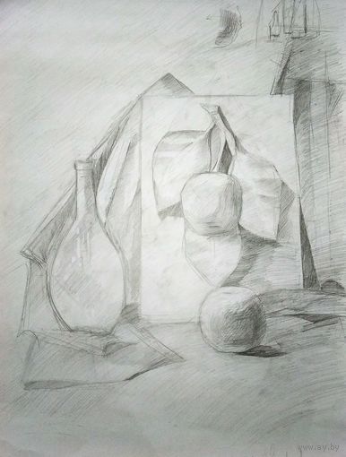 Рисунок Натюрморт Бутылка с яблоком