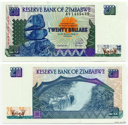 Зимбабве. 20 долларов (образца 1997 года, P7, UNC)