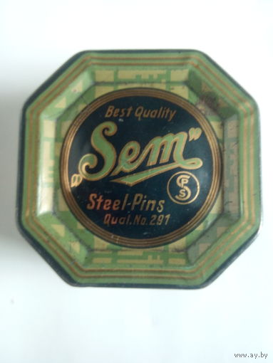 Старинная жестяная коробка от стальных булавок"Sem"Steel-Pins.Made in CZECHOSLOVAKIA.Первая половина XX-го века.